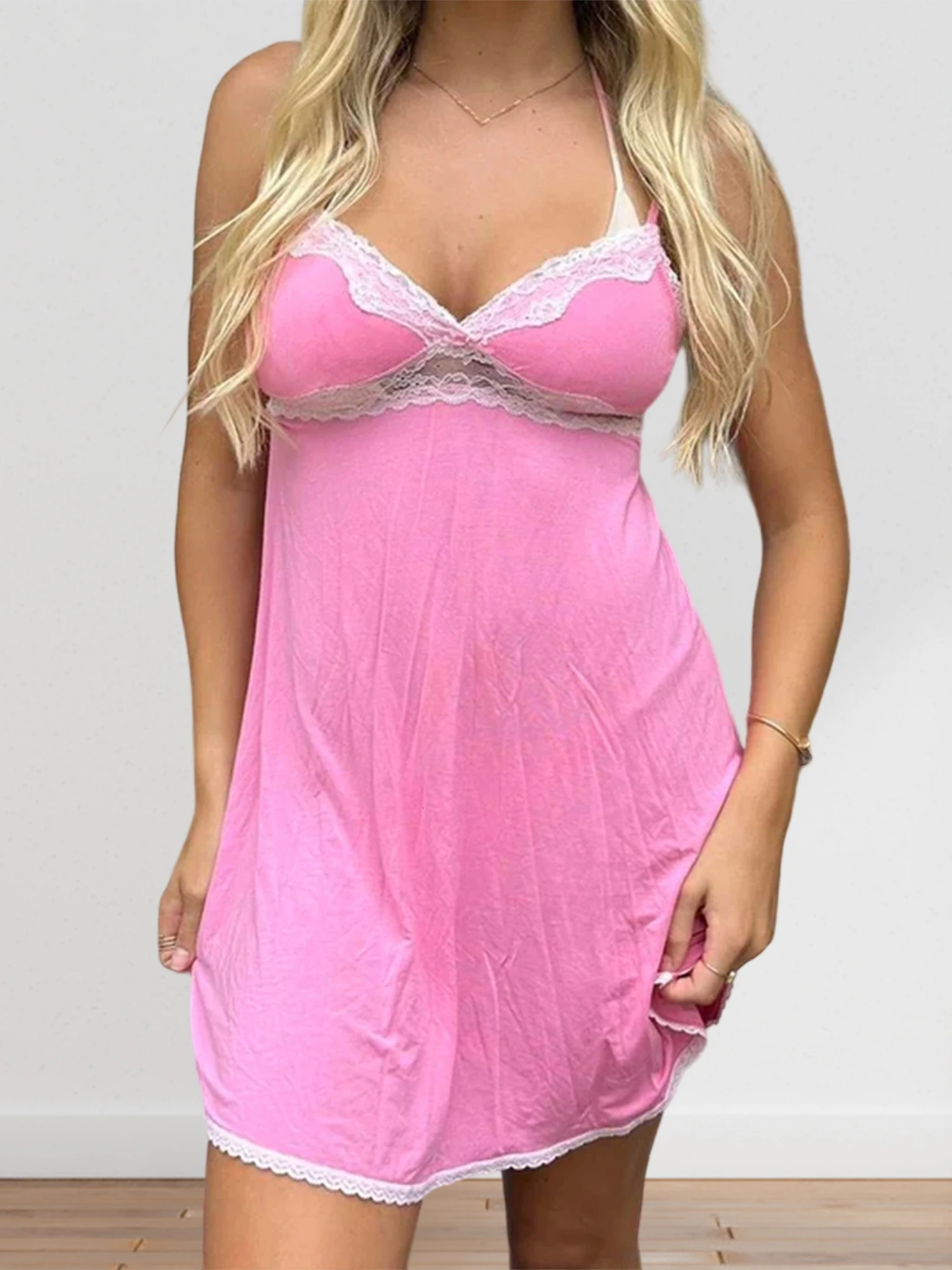 

Elegant Lace Trim Nightgown with V Neckline and Spaghetti Straps Backless Mini Dress for Women Sexy Sleepwear for a Stylish