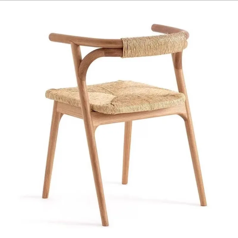 Retro Solid Wood and Hemp Rope Dining Chair with Armrests for Home Restaurant Cafe Hotel Wabi Sabi Style Conversation Chair