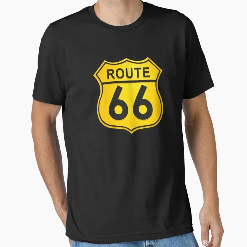 

yellow sign Vintage The Mother Road Route 66 us highway sign printed T Shirt for men large size Adult tops S-6XL