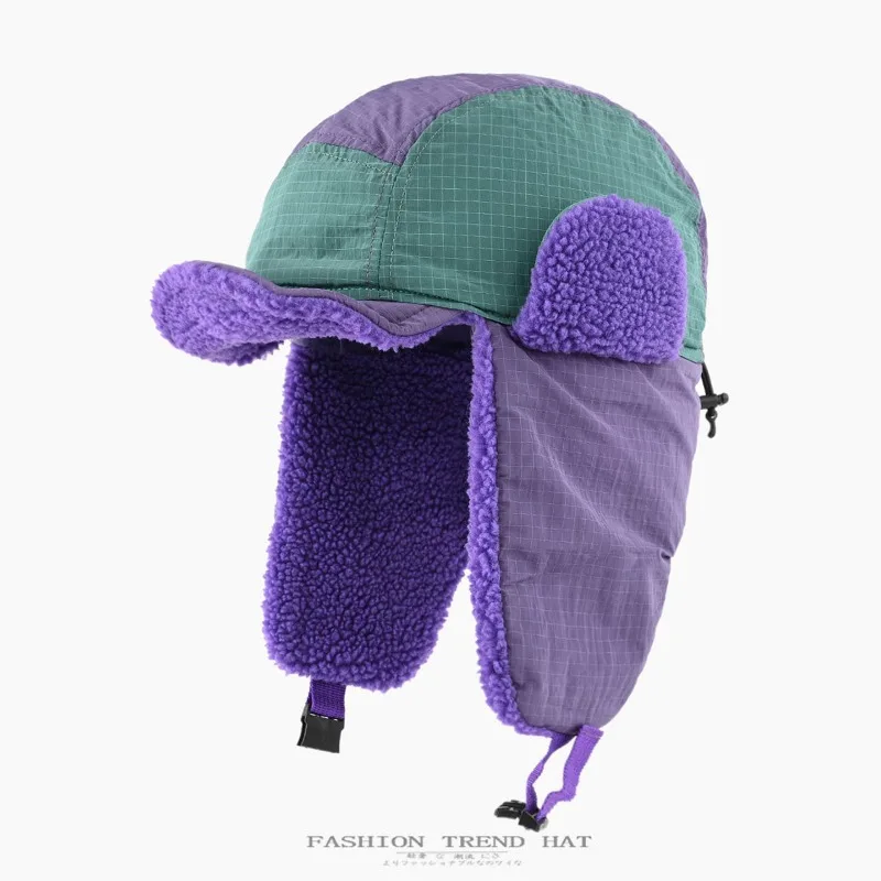 Unisex Autumn Winter Color Block Aviator Hat Warm Ear Cover Windproof Fleece Ski Cap