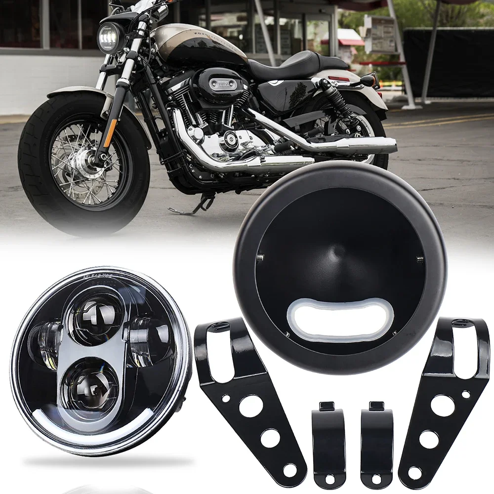 

5,75-дюймовая мотоциклетная светодиодная фара с кронштейном ведра корпуса, 1 комплект для мотоциклов Kawasaki Shadow Suzuki, круизеров, чопперов