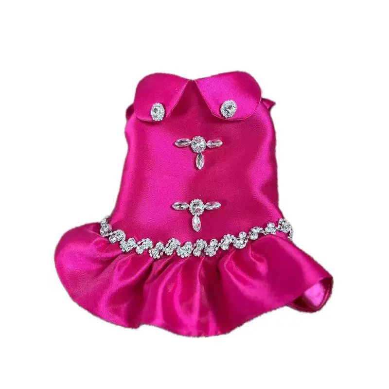 Rose Red Light Luxury Rhinestone Smooth Fabric Princess Dress Elegant Celebrity Style Pet Kitten Small Dog Dress