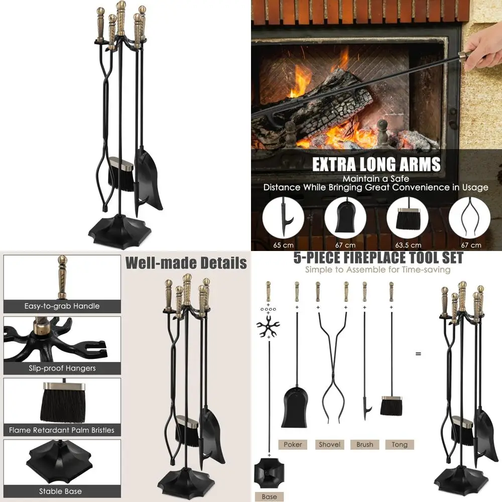 

Modern Outdoor Fireplace Tools Set with Poker, Shovel, Brush, Tongs, Stand - Heavy Duty for Indoor Use