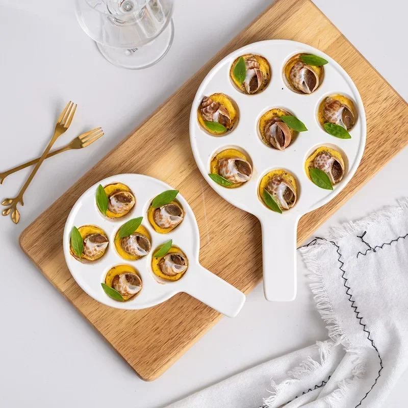 2pcs Ceramic Baked Snail Dish Escargot Baking Plate with Handle Microwave Oven Eating Tool Tableware Baking Tray Kitchen Gadget