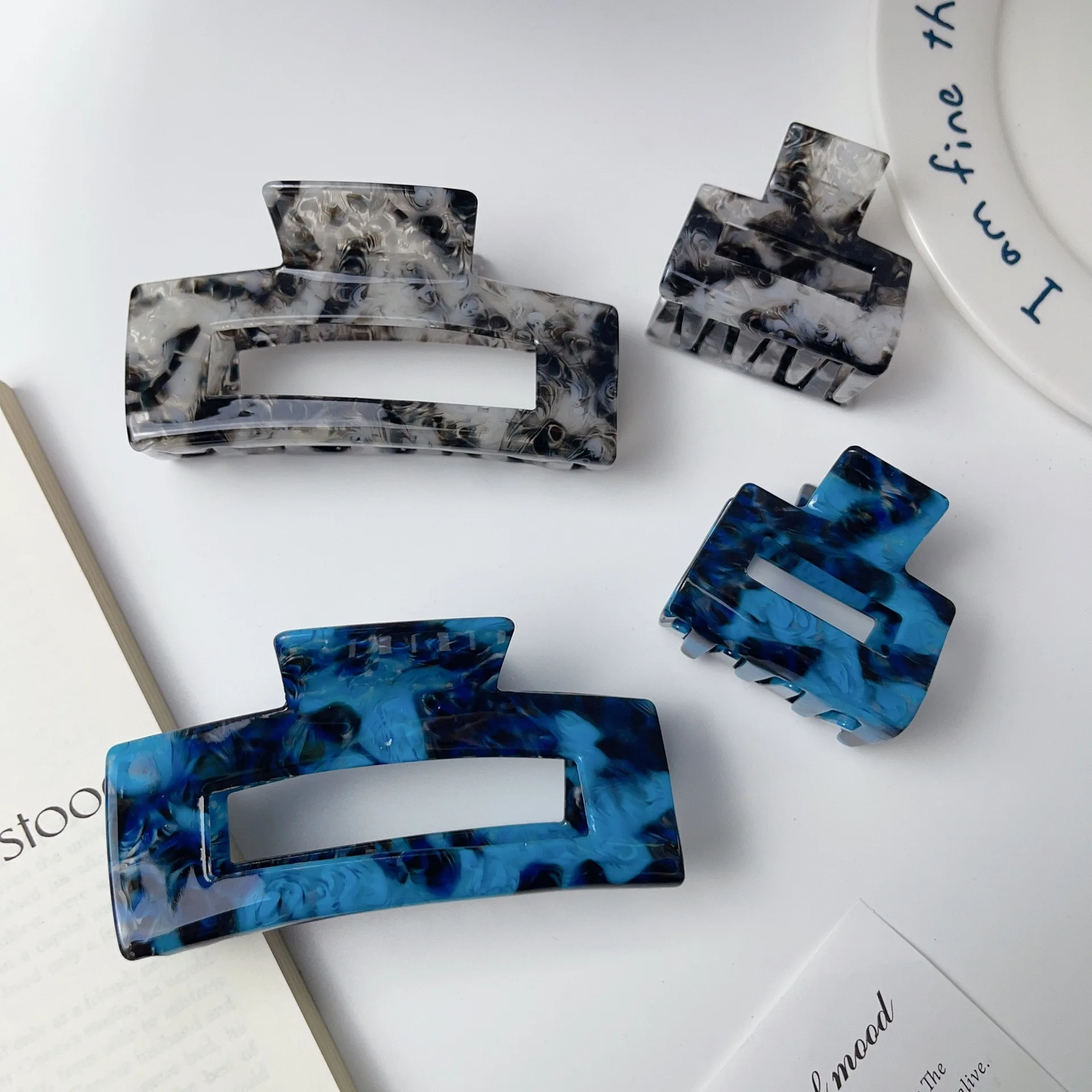 New Arrived Senior Sense Square Hollowed Acetic Acid Grab Clip Retro Temperament Ink Blue Black Shark Clip Hair Accessories