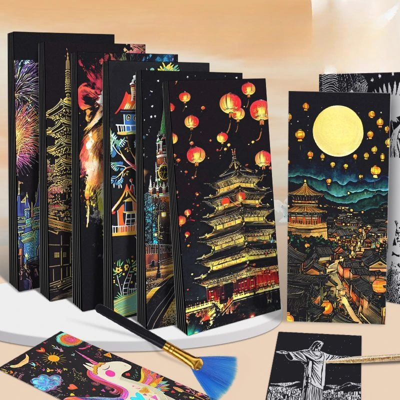 12Pcs Children Night Scene Art Scratch Painting Toys City Building Landscape Kids Educational Toys Birthday Gift Room DIY Decor