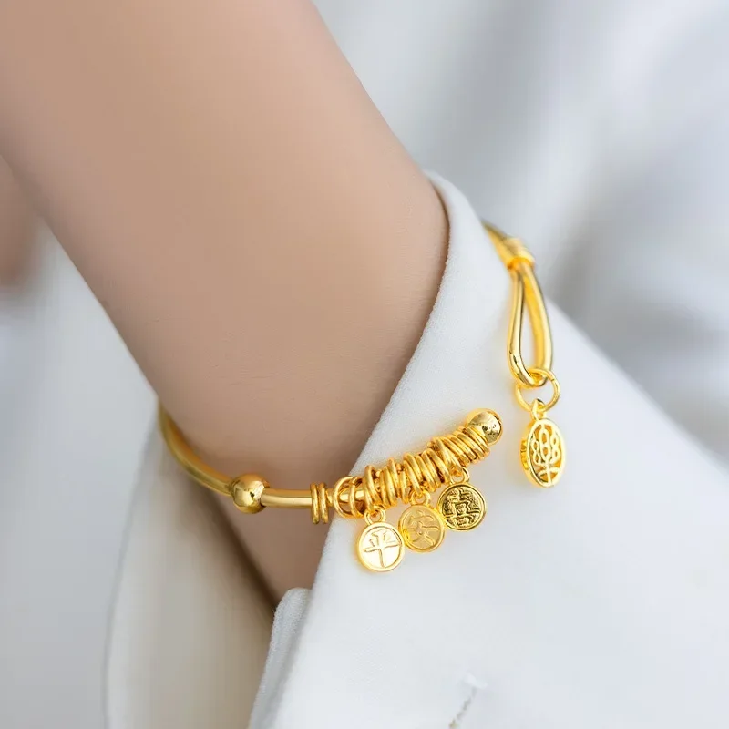 9999 Real Gold 24K New Chinese Premium Sense Gold Opening Auspicious Words Peace and Joy Plate Pendant Women's Bracelet