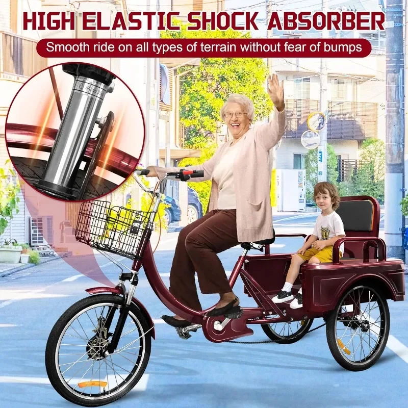 Adult Tricycle, 20 Inch 3-Wheel Bikes Carrying Passengers Seniors Men, Low Step-Through Cruiser Bike for Cycling, Outing, Picnic