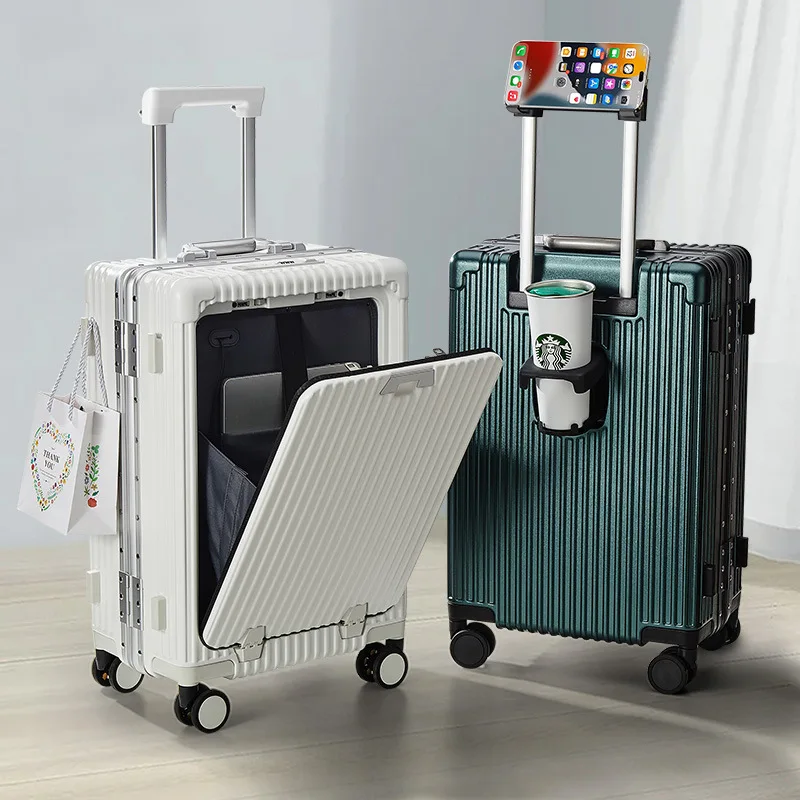 20/24 inch Travel suitcase on wheels TSA Aluminum frame Front opening rolling luggage case USB middle size luggage with Wheels
