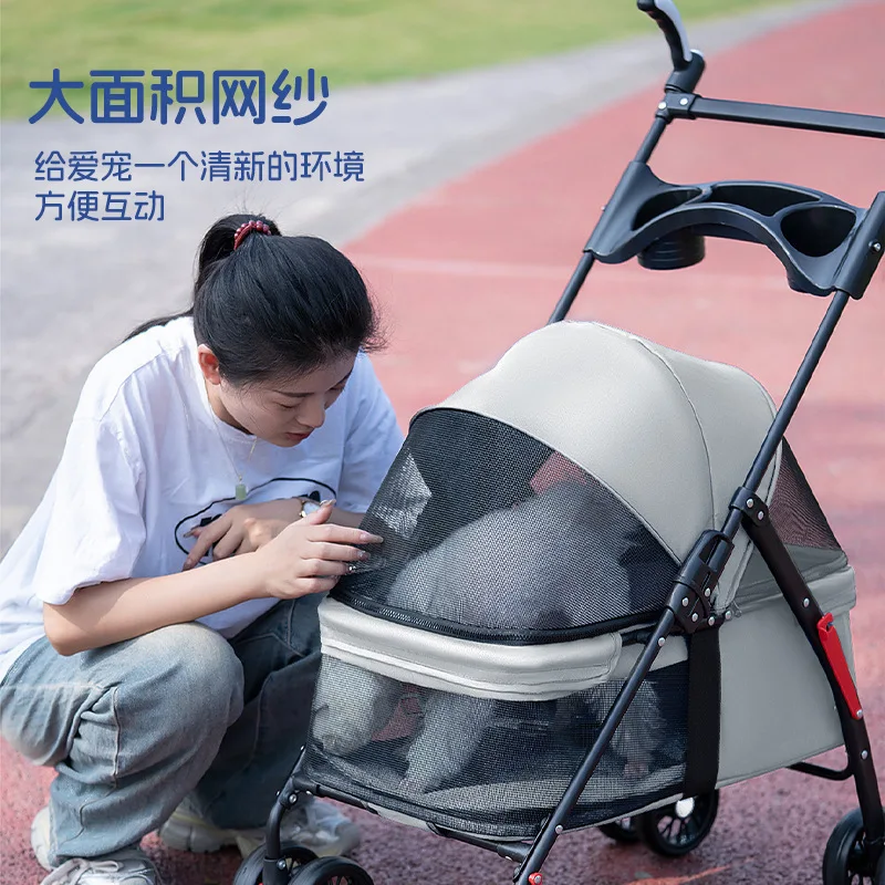 Dog Stroller Dog Box Transport Foldable Cat Stroller, Wear-resistant Rubber Wheels, with Storage Basket Outdoor Dogs Accessories