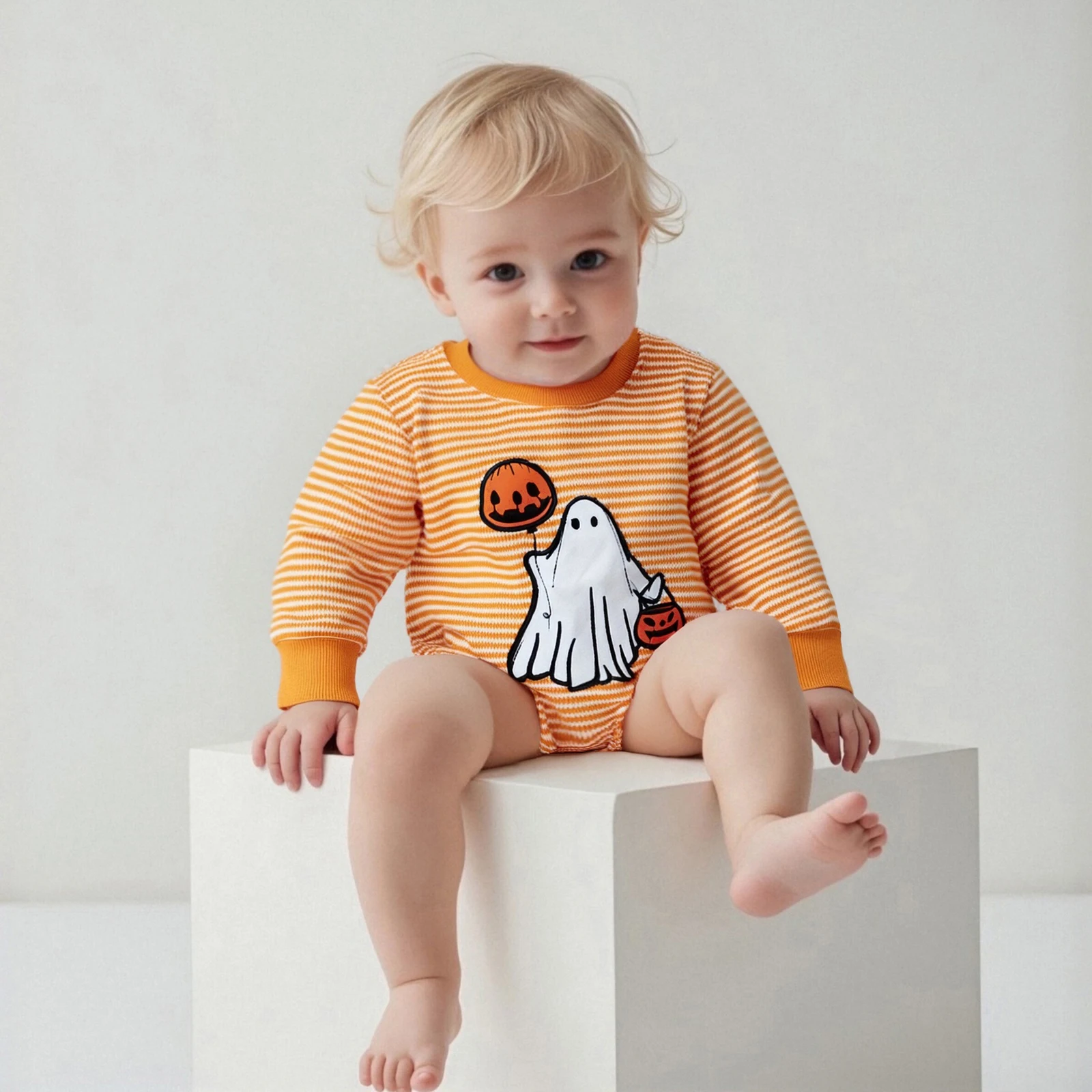 

Baby Girls Halloween Sweatshirt Romper Ghost Embroidery Striped Long Sleeve Jumpsuits for Newborn Clothes