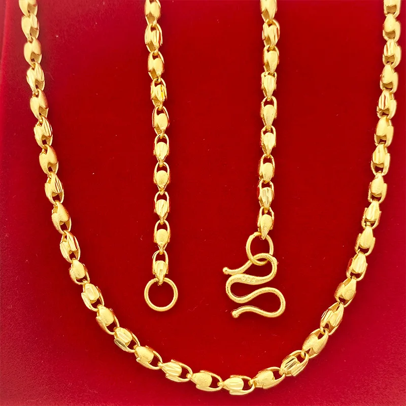 Luxury 24K 9999 Pure Gold real gold Men's Rough Necklace 55cm Sandblasted Handmade Chain