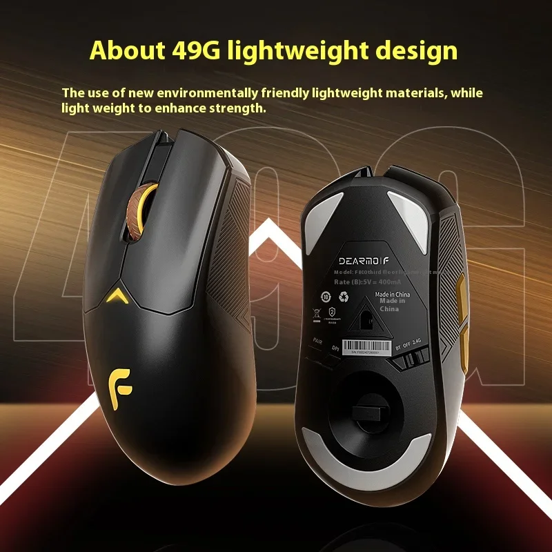 Dearmo F800 Mouse Black Gold Edition Thri Mode Paw3395 No Hole 49g Lightweight Computer Peripherals Ergonomic Valorant Apex Cs2