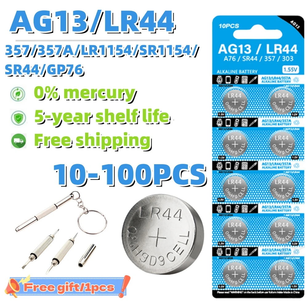 

10-100pcs LR44 Batteries AG13 Button Cell Battery 1.5V 357 SR44 LR1154 Button Coin Batteries L1154 Battery for Watch Toys Remote