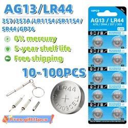 Pilas de botón LR44 AG13, 10-100 piezas, 1,5 V, 357 SR44, LR1154, L1154, para reloj, juguetes, mando a distancia