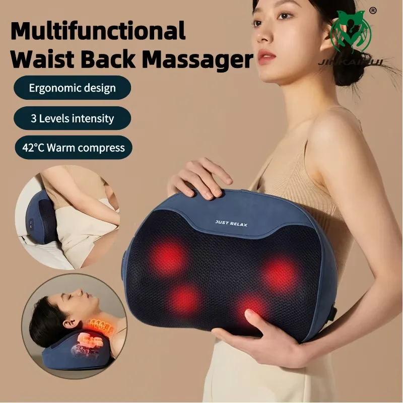 Jinkairui Electric Waist Back & Neck Massager Pillow Shiatsu Kneading Massage with Heating Function Premium Gift