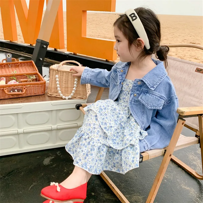 2Pcs Summer Girls Clothes Sets Denim Coat + Floral Print Sleeveless Slip Dress Girl Princess Dress New Toddler Children Clothing