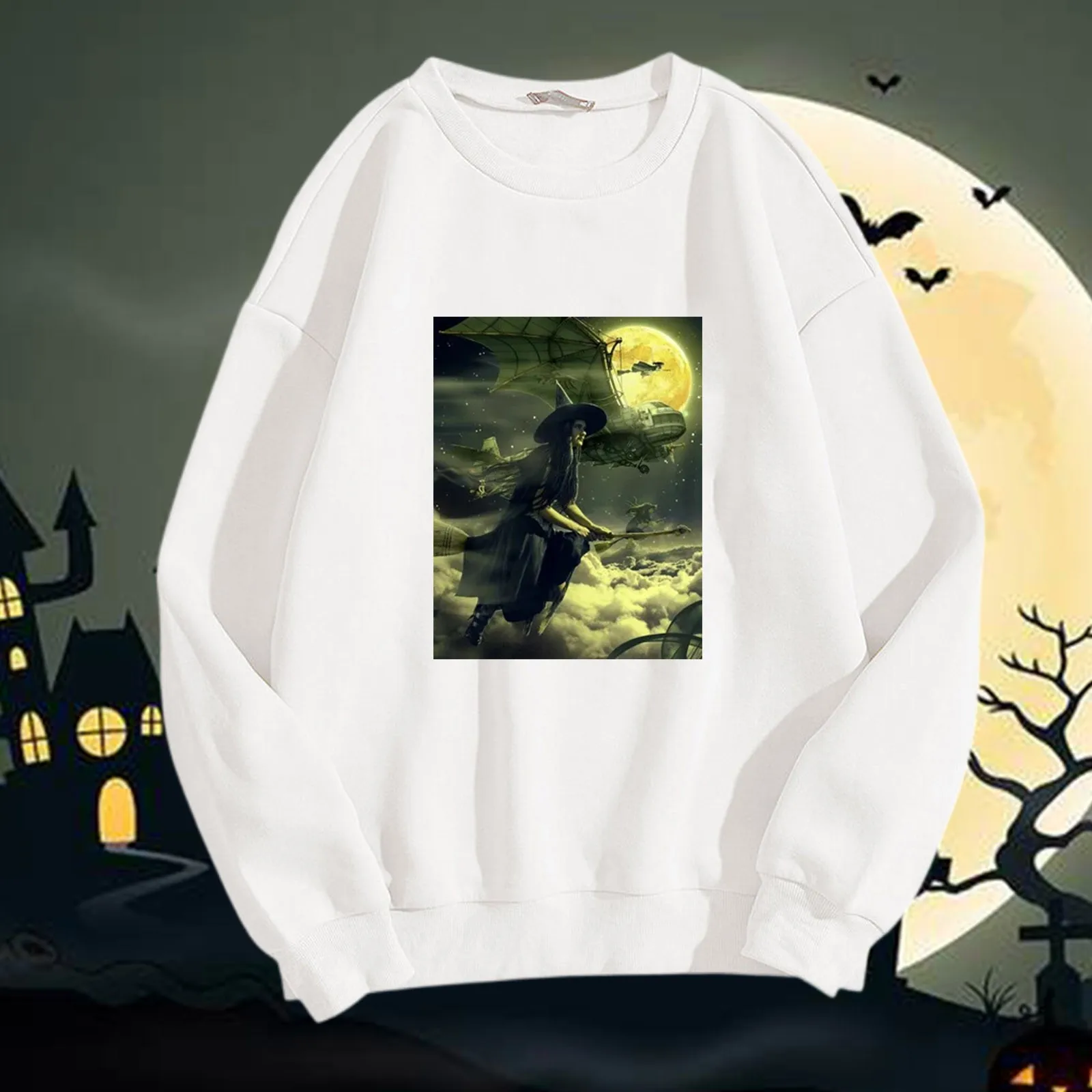 Herfst En Winter Nieuwe Vrouwen Halloween Top Mode Heks Print Casual Hoodie Festival Kleding Ronde Hals Lange Mouw Pullover