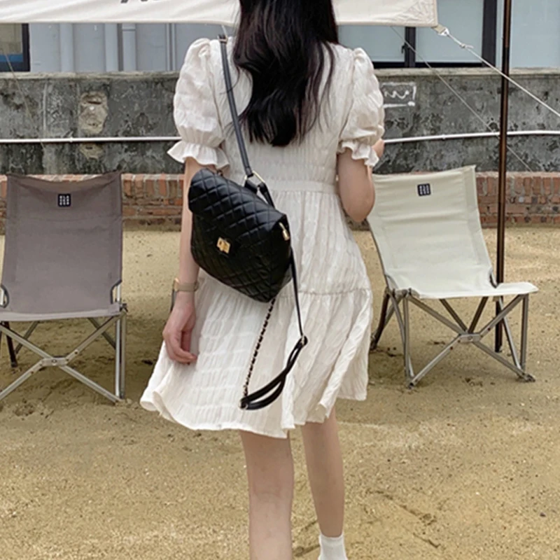 Women Vintage Fashion Elegant Ruffle Sweet Chic Button Shirt Dresses 2024 Summer Casual Short Sleeve Slim Solid Fairy Mini Dress