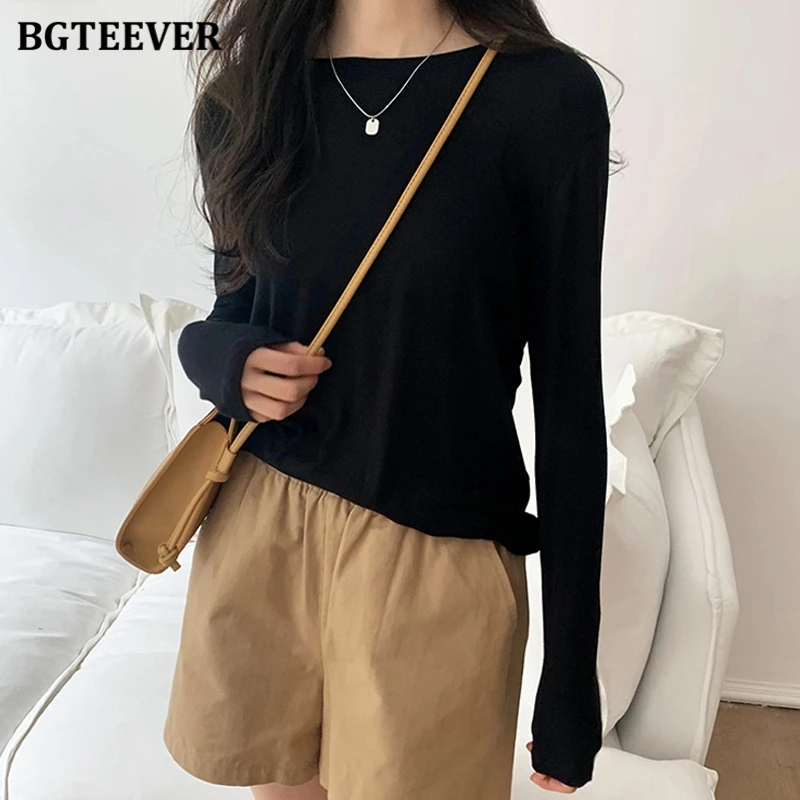 BGTEEVER Spring Autumn Cotton Loose T-Shirt Women Causal Knitted Long Sleeve Tee Shirts Female Loose Black White Tops