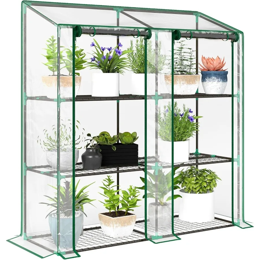 

Lean-to Mini Greenhouse with 3 Tier Shelves Portable Green House with 2 Roll-up Doors Garden Plant Grow Hot House for Indoor Ou