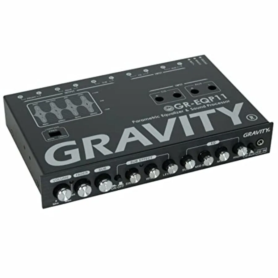 Car audio parametric equalizer for bass enhancement, aluminum chassis, black finish, 4-way adjustable with front/rear/sub outpu