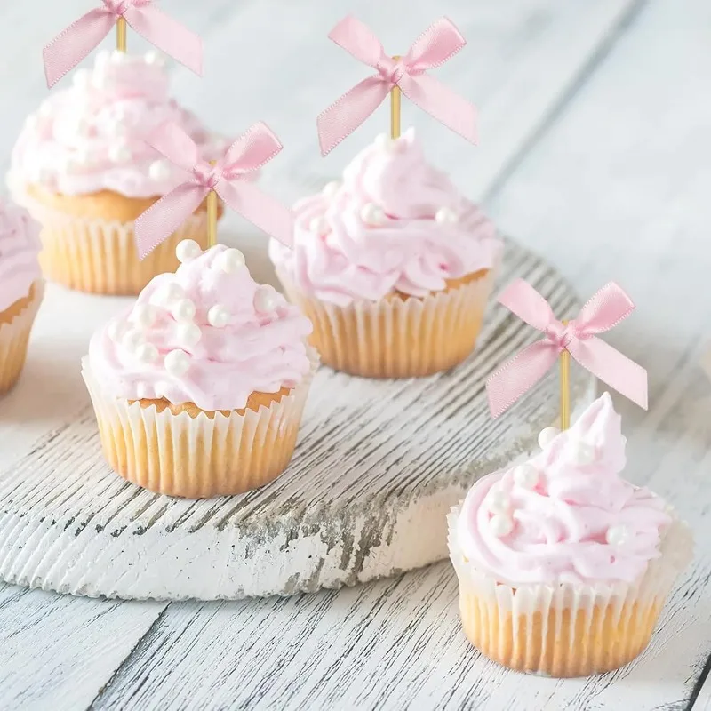 Pink Bow Cupcake Toppers Cocktail Picks Decor Bamboo Toothpicks for Cupcake Fruit Cake Topper Wedding Birthday Party Decoration - view 2