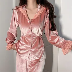 Lapel Sleeepwear With Buttons Sexy Button-down Pajamas Pour Femme Nightgown Velour 2PCS Shirt&Pants Suit Casual Home Clothes