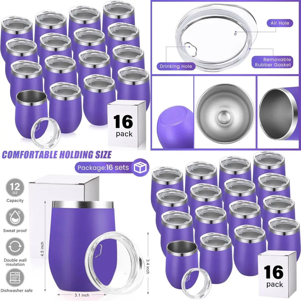 

Set of 16 Insulated Stainless Steel 12 oz Wine Tumblers - Double Wall, Stemless Mugs for Beverages, Outdoor & Travel (Purple)