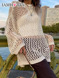 IAMHOTTY Sexy Fishnet See Through Oversize Sweater Women Elegant Casual Outerwear Korean Fashion Jumper Retro Pullovers Knitwear