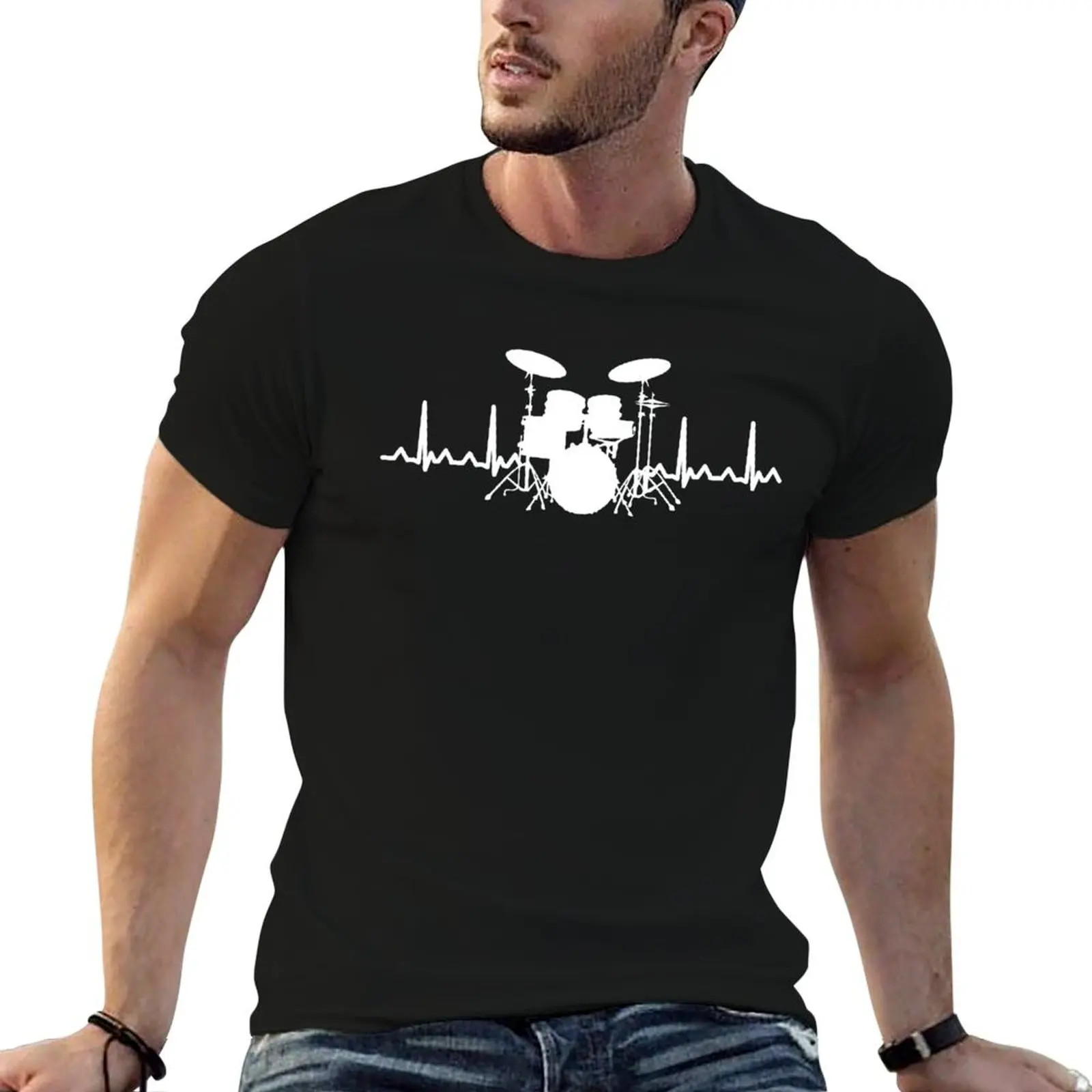 Heart Beat Drummer T-Shirt Simple Solid Color Crew Neck Tee