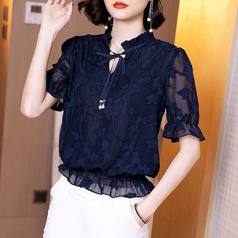 Fashion Floral Printed V-Neck Blouse Commute Women\'s Clothing Casual Drawstring Bow Summer New Short Sleeve Shirring Waist Shirt