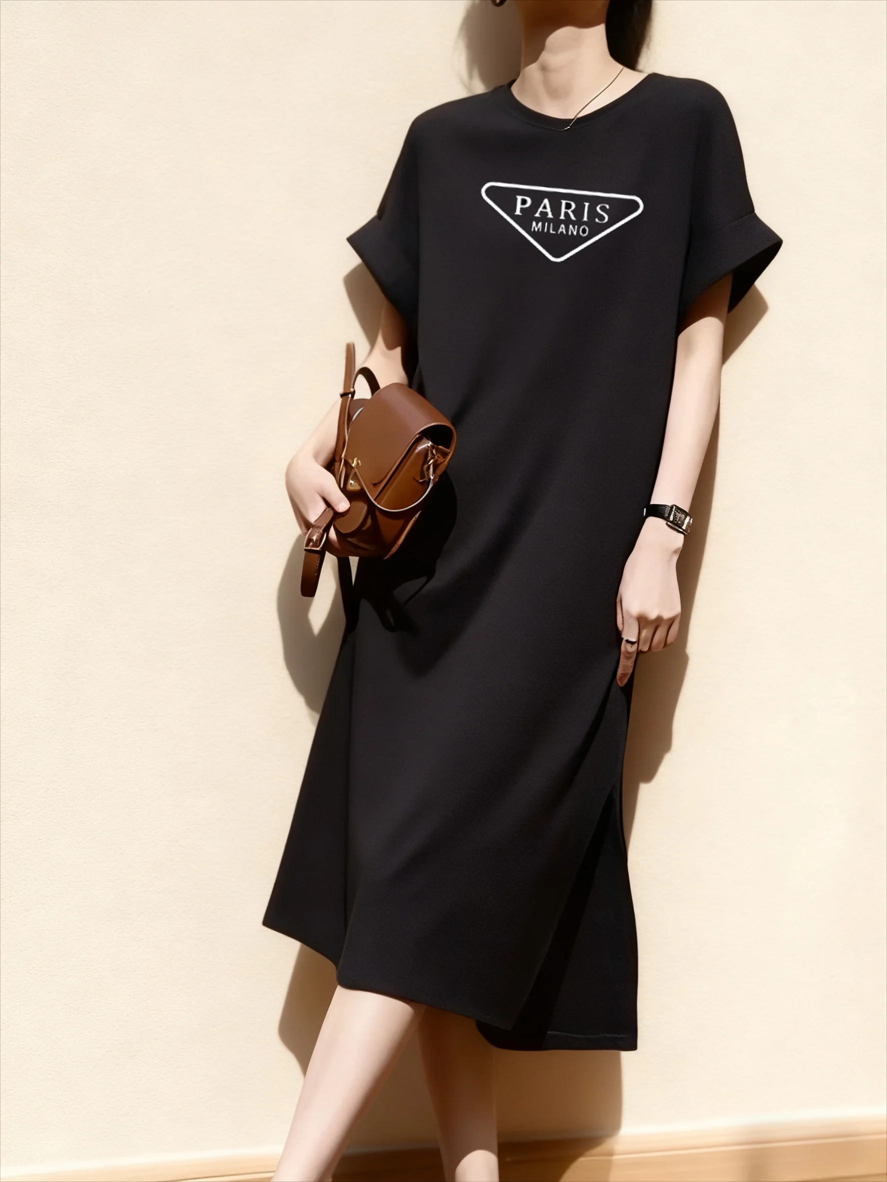 

Women's Summer Dress with Lazy Cartoon Print Design, Medium Length Loose Fit Dress Women's Outdoor Cartoon Print and Ankle Skirt