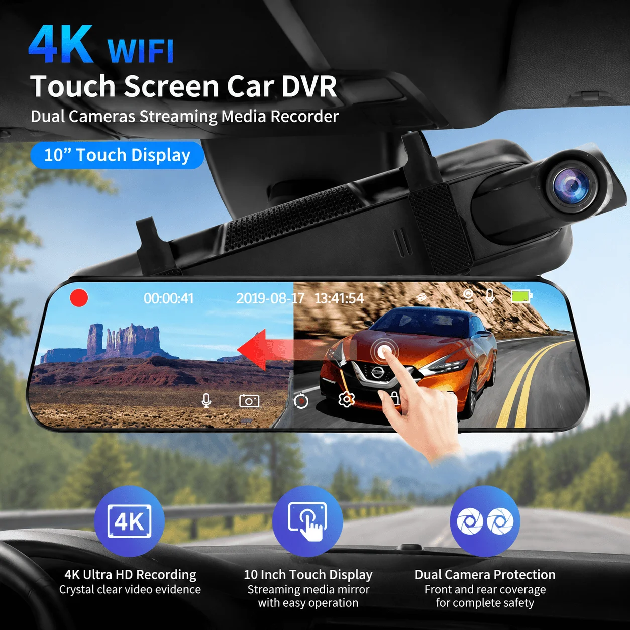 4K Dash Cam Dual Camera 10 Inch Touch Screen DVR Streaming Media Mirror Front Rear Camera 24H Parking Monitor Car Black Box