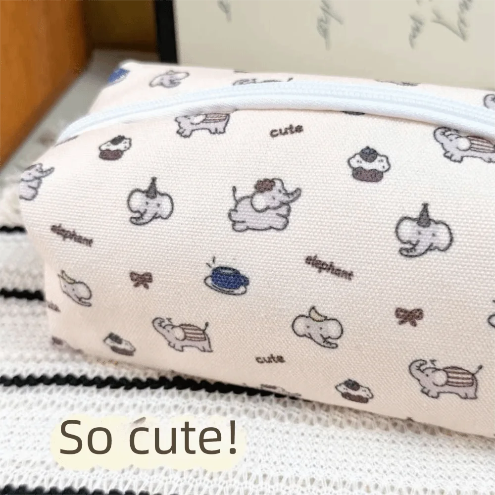 Elephant Print Pencil Case Cake Pattern Rectangular Shape Pen Pouch Zipper Closure Soft Sided Stationery Organizer