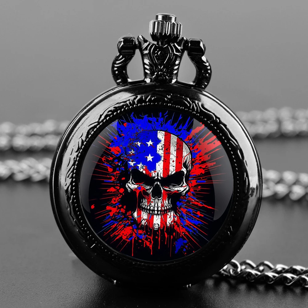 American Flag Skull Glass Dome Vintage Arabic Numerals Quartz Pocket Watch Necklace Pendant Clock Chain for Men Women