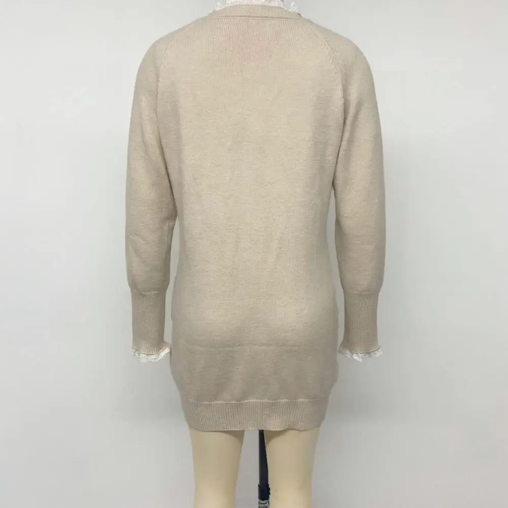 Cozy Cable Knit Sweater Dress Women Lace Detail Solid Color Slim Fit Pullover Dress Round Neck Autumn Winter Outfits