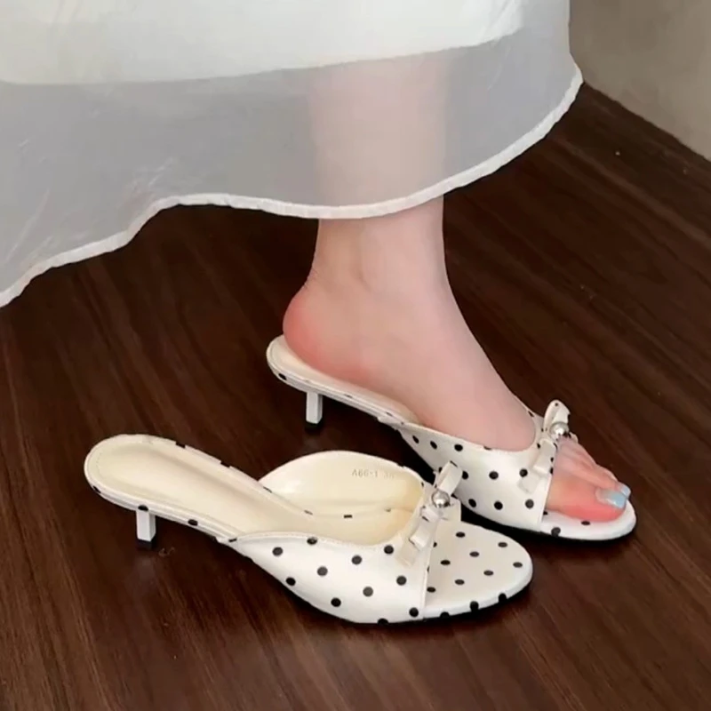 

Thin Heels Ladies Mules Slides Shoes Zapatos De Mujer 2026 New Summer Polka Dot Open Toe Woman Slippers Elegant Stripper