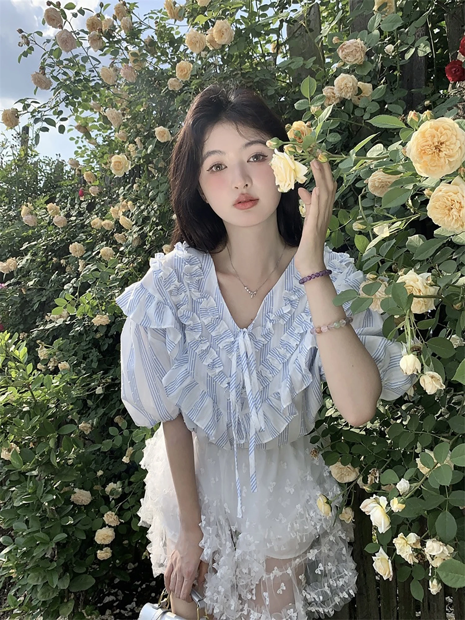 

Рубашка Vanwenwen Jeju Coast свободного кроя для женщин, милый весенний топ с бантом и полосками, V-образный вырез, в деревенском стиле, свободный крой