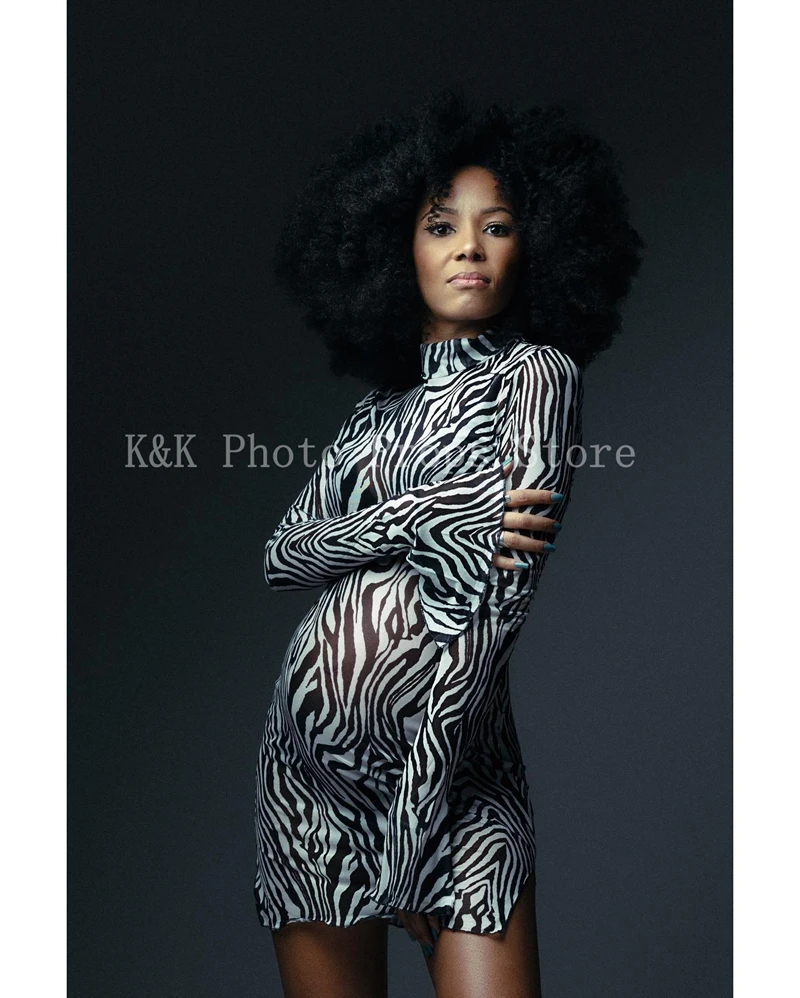 Maternity Dresses Fashion Long Sleeve Round Neck Printed Split Bodycon Dress with Bell Sleeves for Photography Maternity Wear