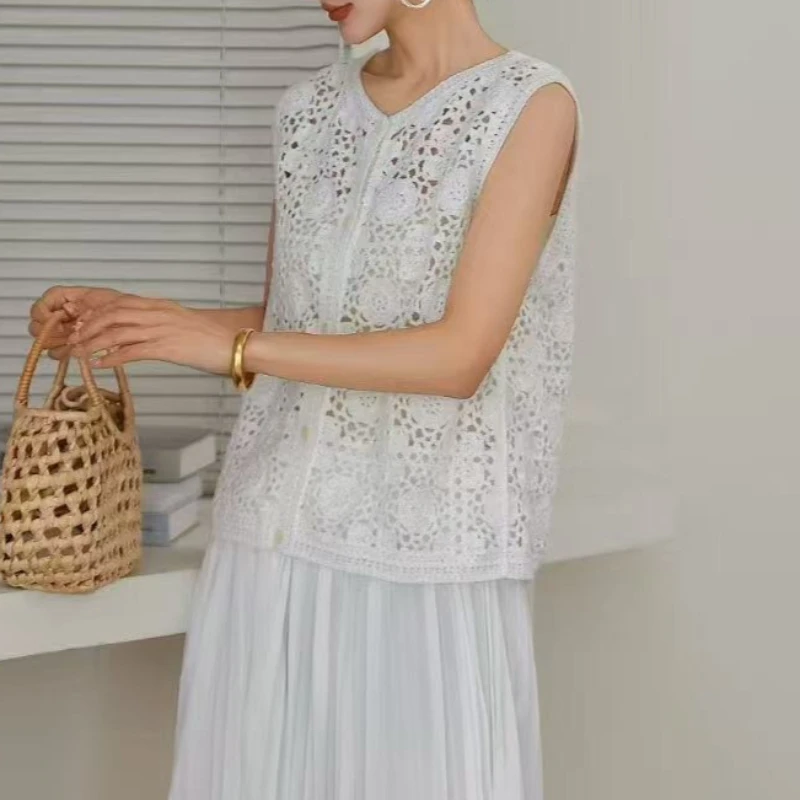 Floral Crochet Vest Openwork Button Front Tank Top Sleeveless Blouse Sheer Hollow Out Knit Waistcoat Women Summer Boho Beach