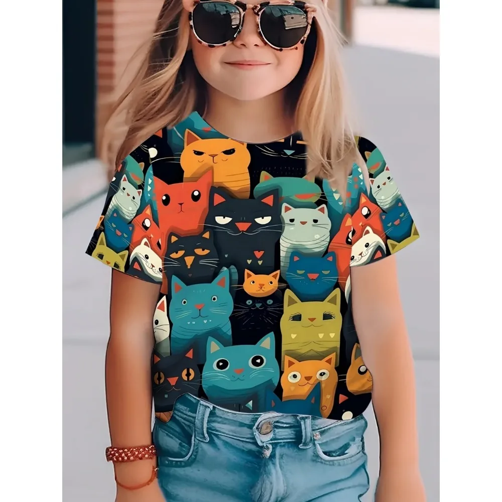 Colorful Cat Pattern 3D Digital Printed T-shirt for Adult and Child Summer Short Sleeved Casual Breathable Round Neck Apparel