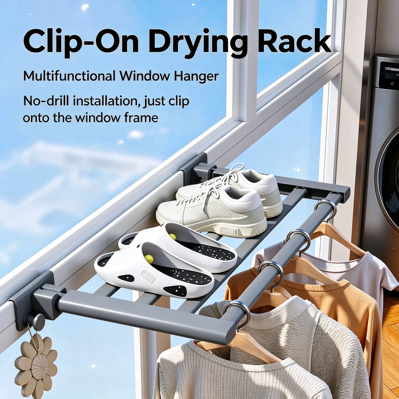 No Drill Window Clothes Drying Rack Balcony Telescopic Clothes Drying Rod Home Indoor Bay Window Laundry Hanger Windowsill Dryer