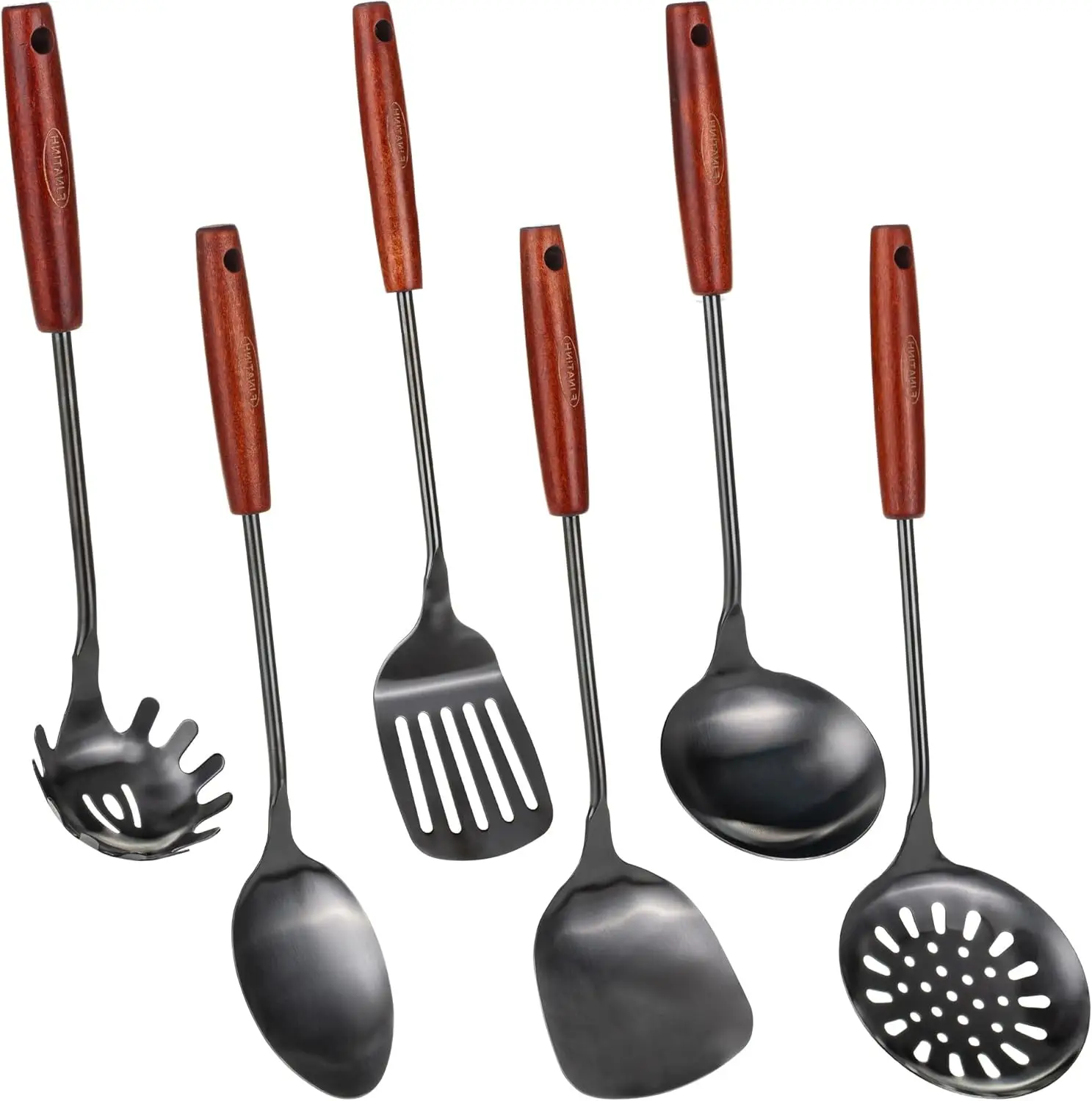 

6-Piece Stainless Steel Kitchen Utensil Set with Wooden Handle - Spatula, Ladle, Skimmer, Slotted Turner, Spaghetti Spoon
