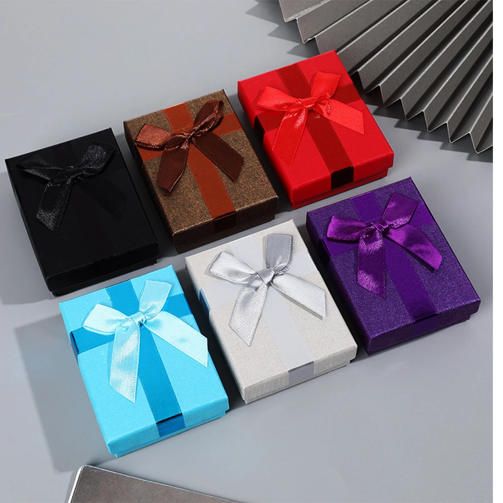 

20pcs/Lot Bulk Rings Storage Box DIY Luxurious Bow Double Rings Case 7x9x3cm Coffee Purple Cardboard Jewelry Boxes With Sponge