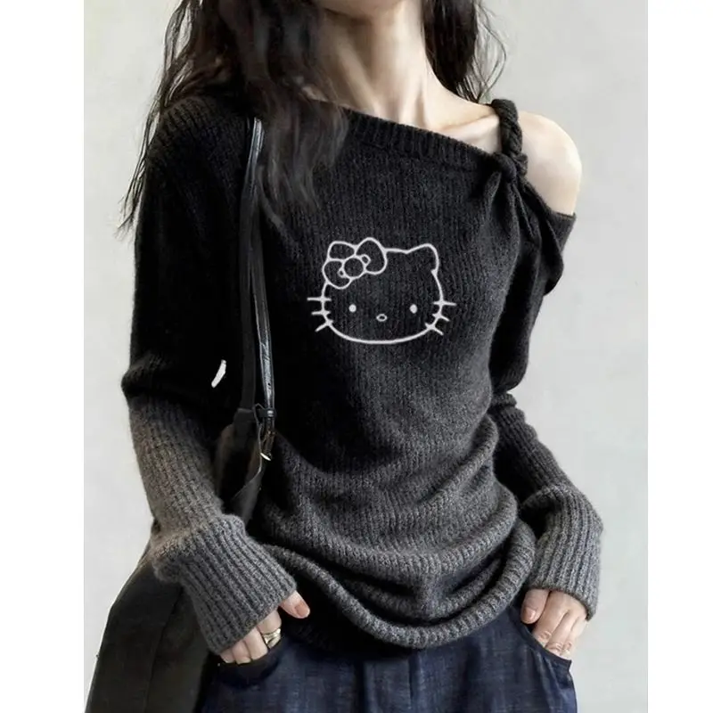 

Cartoon Kt Long-Sleeved Sweater Hello Kitty Off-Shoulder Knitting Tops for Women Cute Spring Loose Pullover Girls Tops Trendy