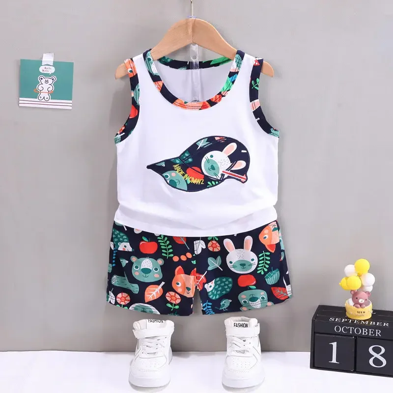 

Summer Cotton Children Kids Boys Clothes Printed Hap Cartoon Vest Shorts 2Pcs/sets Infant Out Baby Fashion Toddler Tracksuits