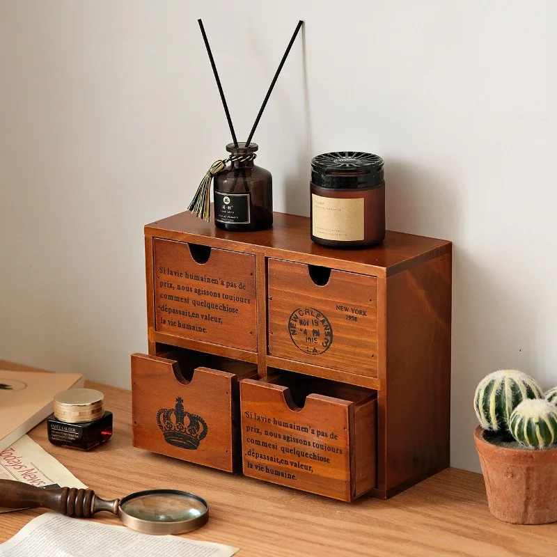 Wooden four-drawer storage cabinet, dormitory office desktop retro storage box, small countertop storage and finishing cabinet