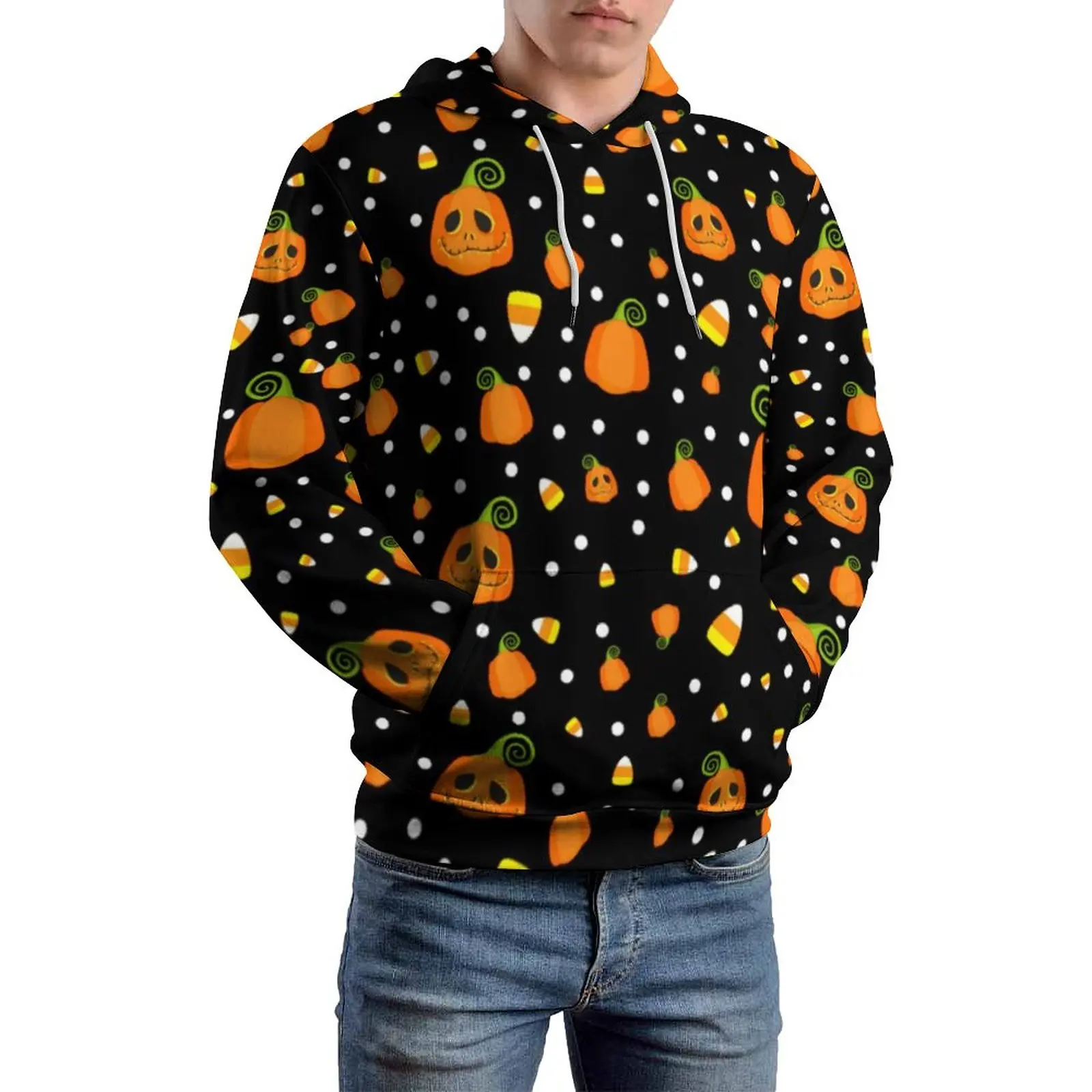 Fun Halloween Loose Hoodies Whimsical Pumpkins Print Classic Hoodie Men Long Sleeve Pretty Graphic Sweatshirts Big Size