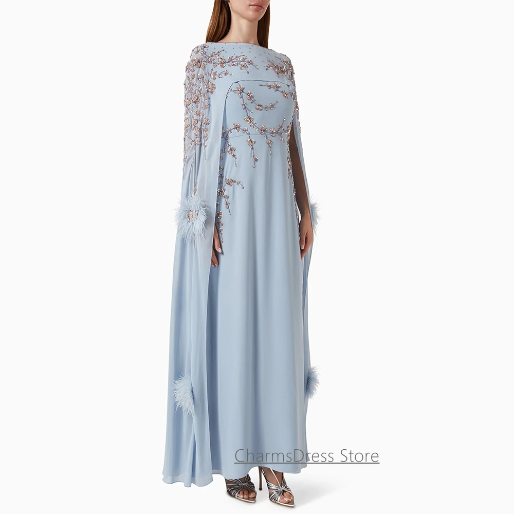 

Customized Evening Dress Fashion Round Neck Sleeveless Sequined Crystal Ankle Length Prom Gown with Cape Party Dresses